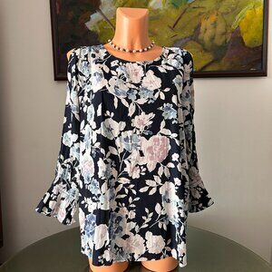 J. Jill Navy Blue Floral Cold-Shoulder Long-Sleeve Top
